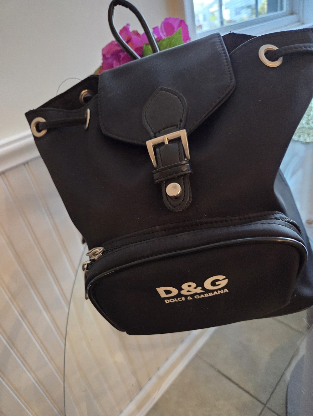 D&G Black Nylon Drawstring Backpack with Front Logo Pocket and Buckle Excellent.